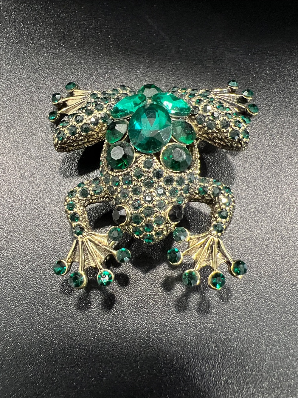 Gold-Tone Emerald Crystal Frog Brooch - Green Sparkling Pin